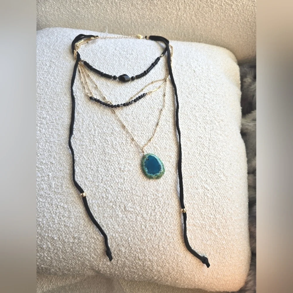 NWT! Free People, Texas Sun Layered Necklace, Black,Gold, Blue